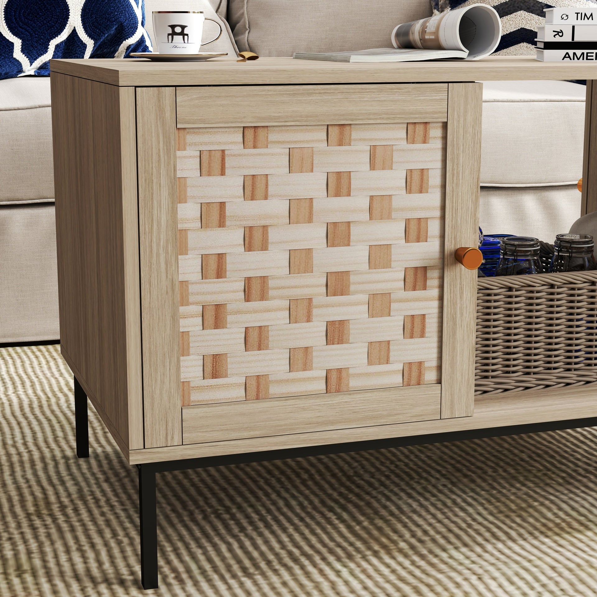 Wooden sideboard with wicker pattern in a living room setting