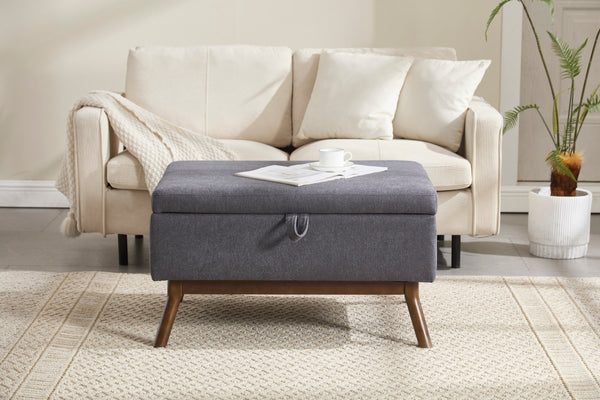 Mid-century modern square coffee table storage bench, assembled, suitable for living room, entryway and family room, used as a coffee table, stirrups, shoe bench