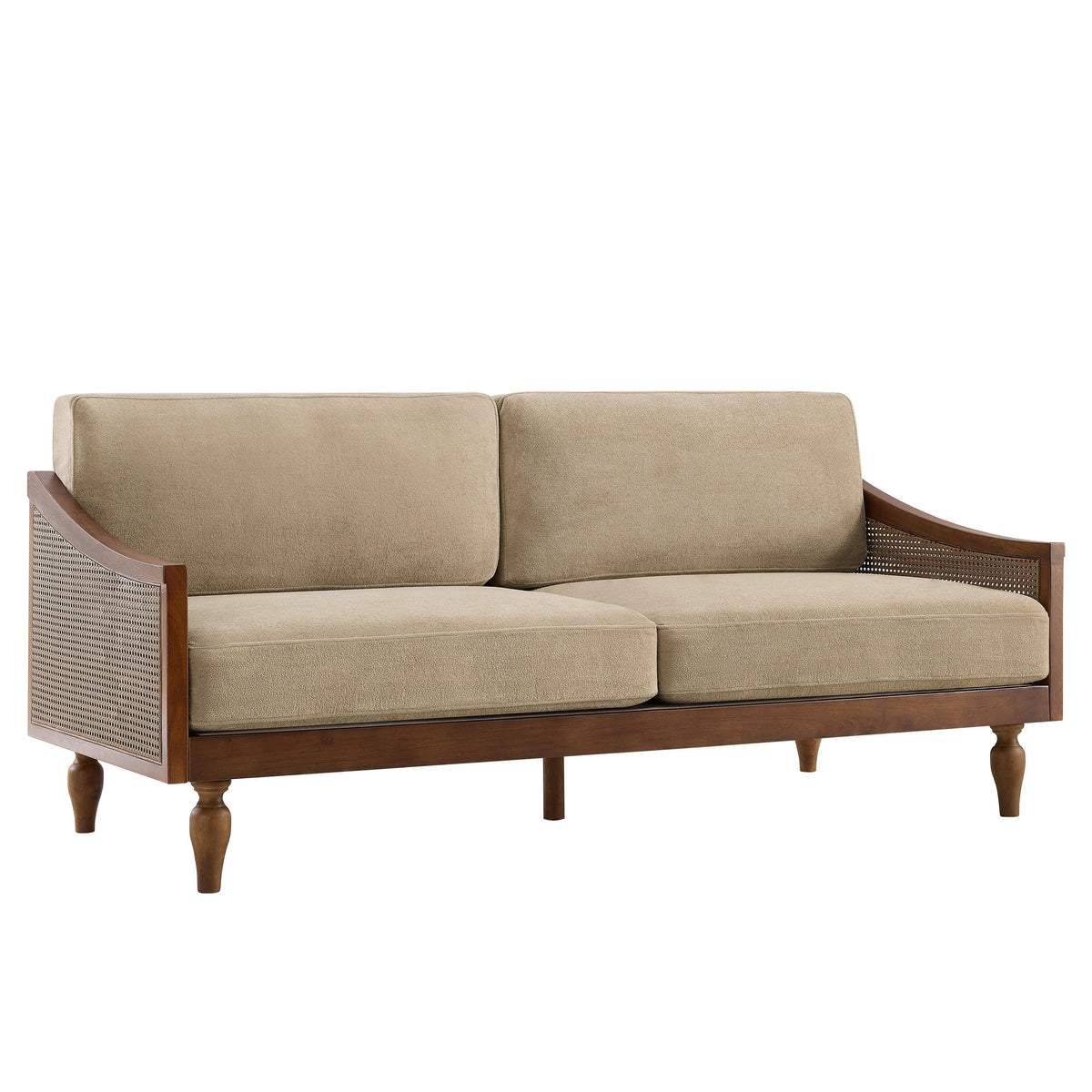 Modern Light Brown Chenille 3-Seater Sofa with Solid Wood Frame & Rattan Arms