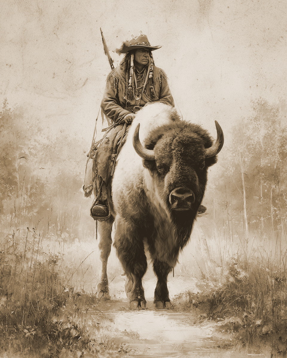 American West Art Print - Lone Scout Riding Buffalo | Rustic Cowboy Wall Decor 8x10