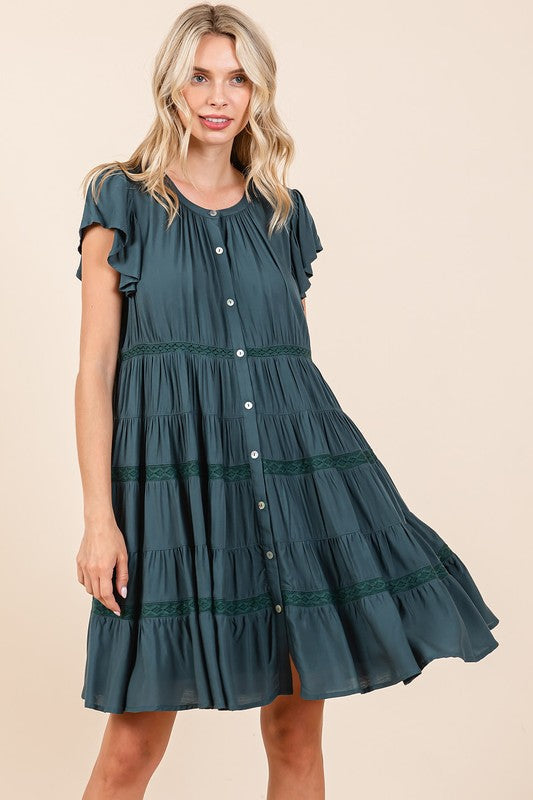 Lace Detail Ruffled Button Down Tiered Dress For Women – Romantic and Feminine Dress with Delicate Lace and Flowing Tiers
