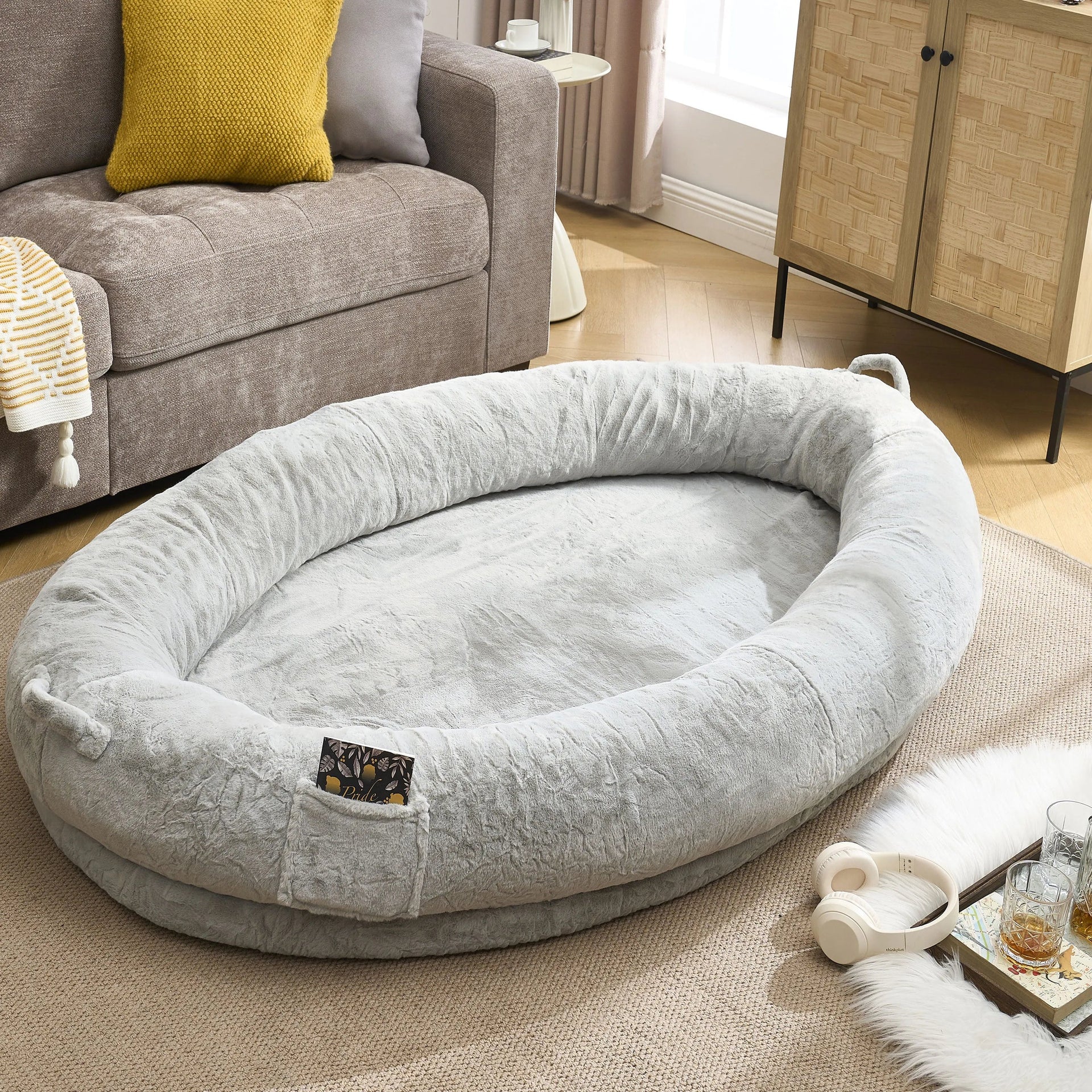 🇫🇷🇪🇪 🇸🇭🇮🇵🇵🇮🇳🇬 Human Dog Bed for Adult, Memory Foam Human Size Pet Bed for Human With Storage Pocket, Light Gray