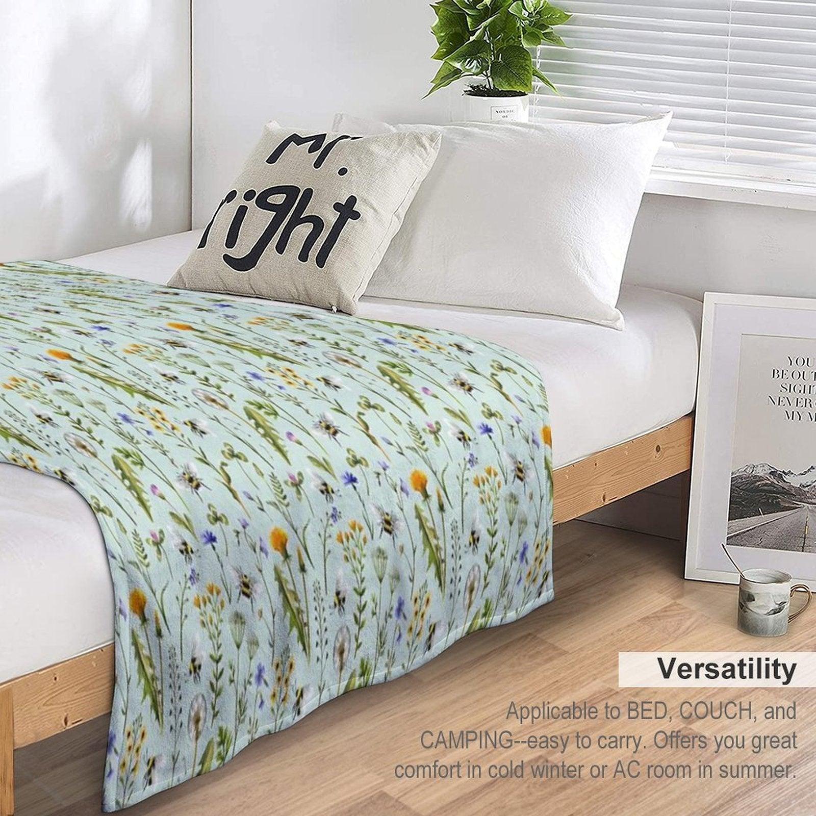Bees And Wildflowers on Mint Throw Blanket