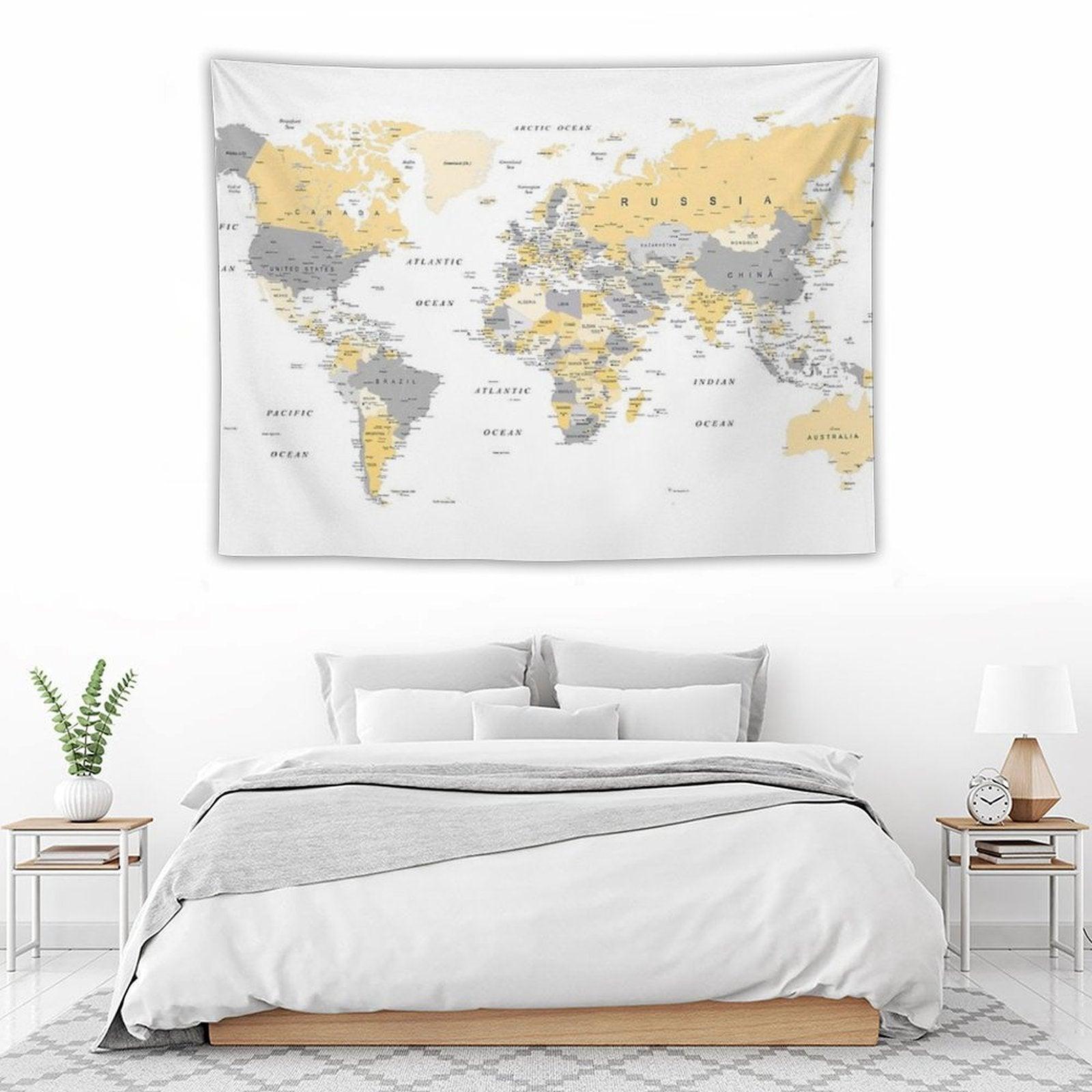 Map of The World Yellow And Grey Tapestry