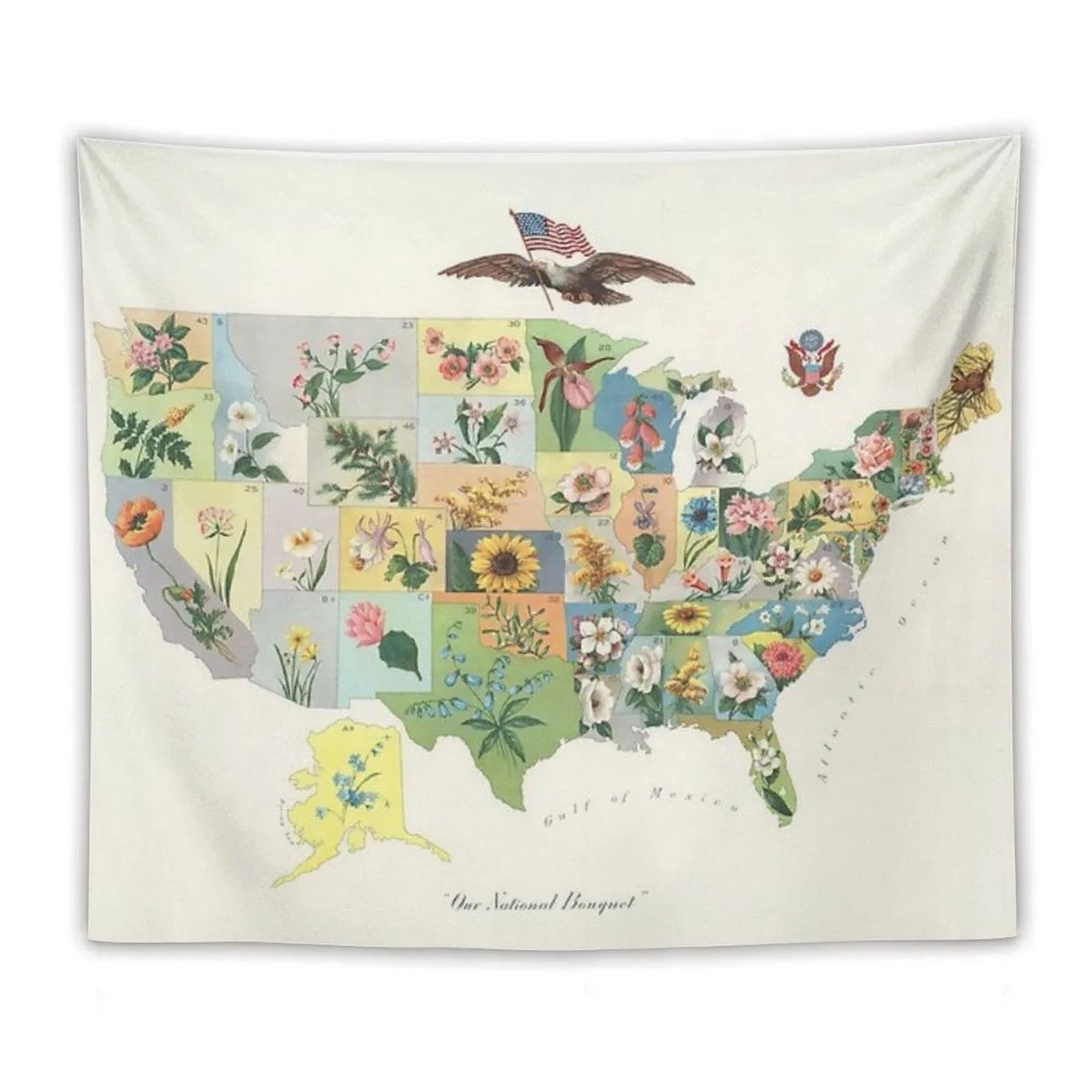 Vintage US State Flower Map Tapestry