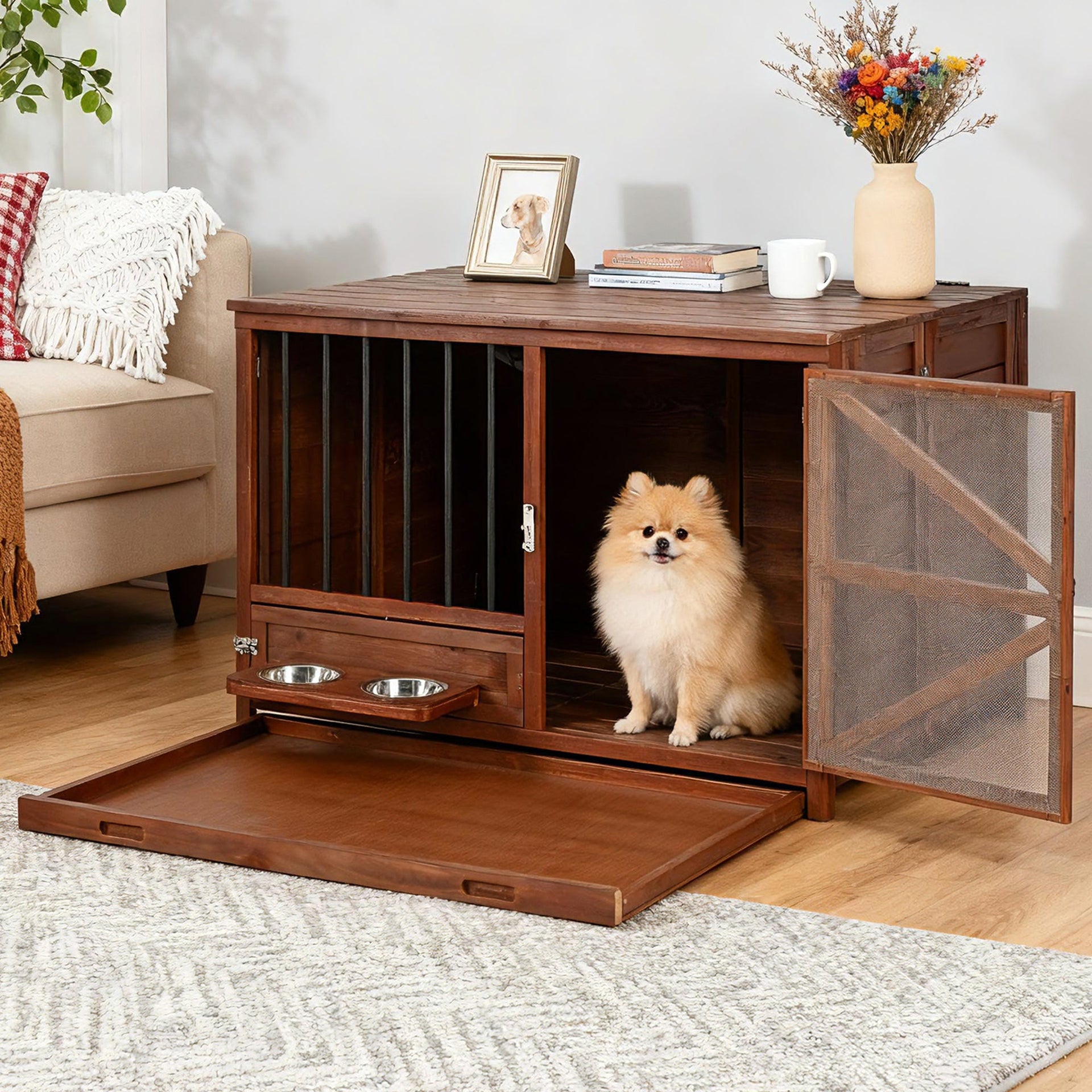 Solid Wood Foldable Dog Crate Furniture with 360° Rotating Feeder and Removable Tray