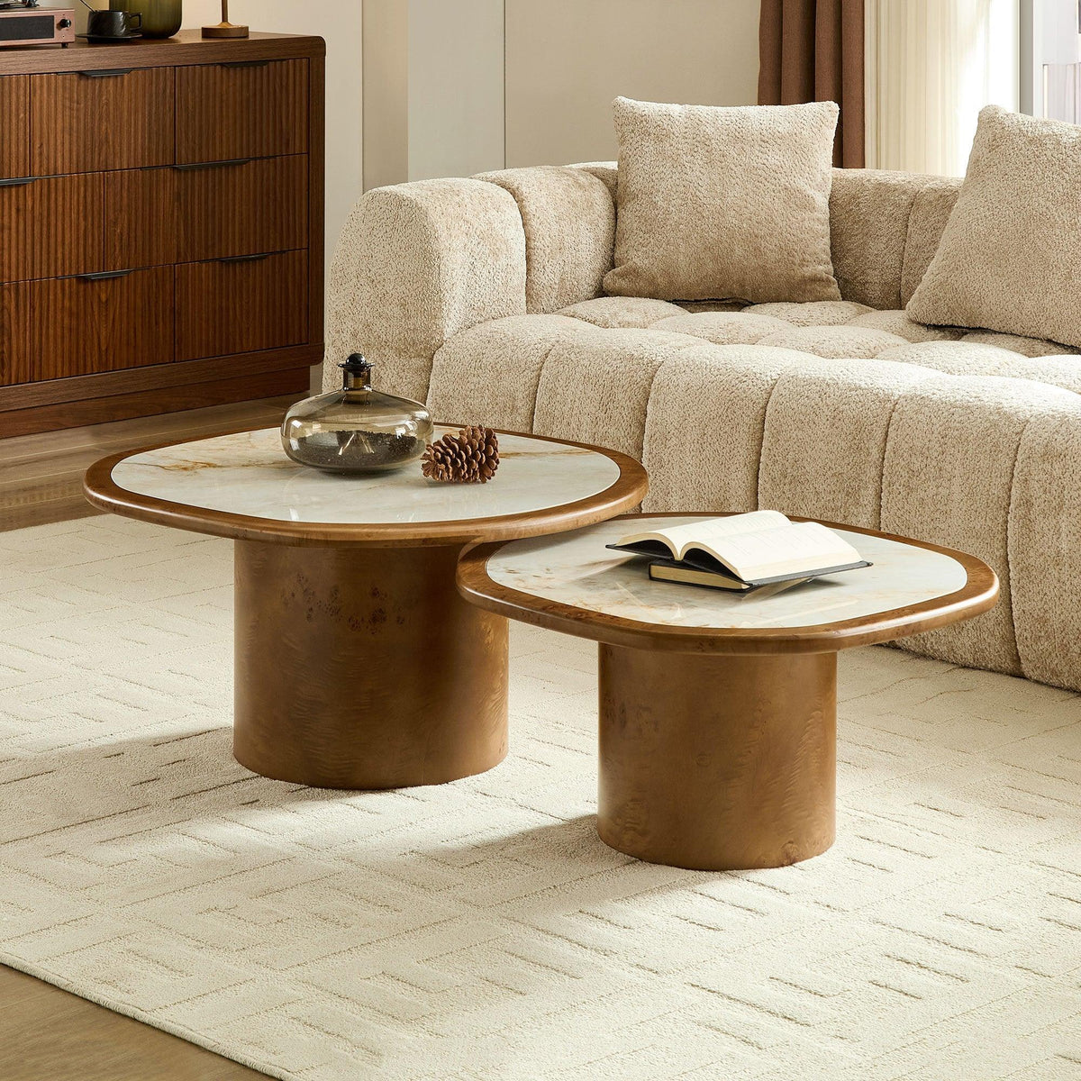 Set of 2 Walnut Burl Wood Nesting Coffee Table Set with Sintered Stone Top