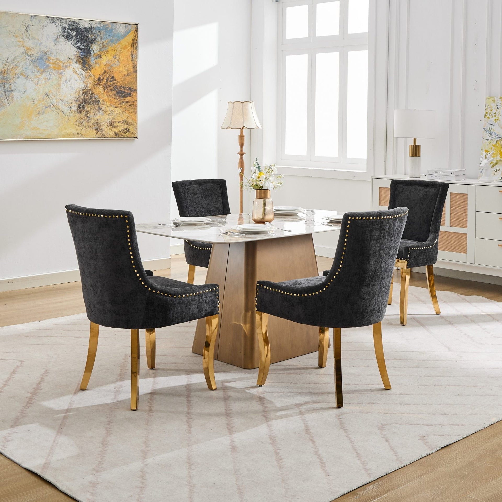 Chenille Dining Chairs Modern Style with Curved Gold-Plated Legs & Rivet Trim