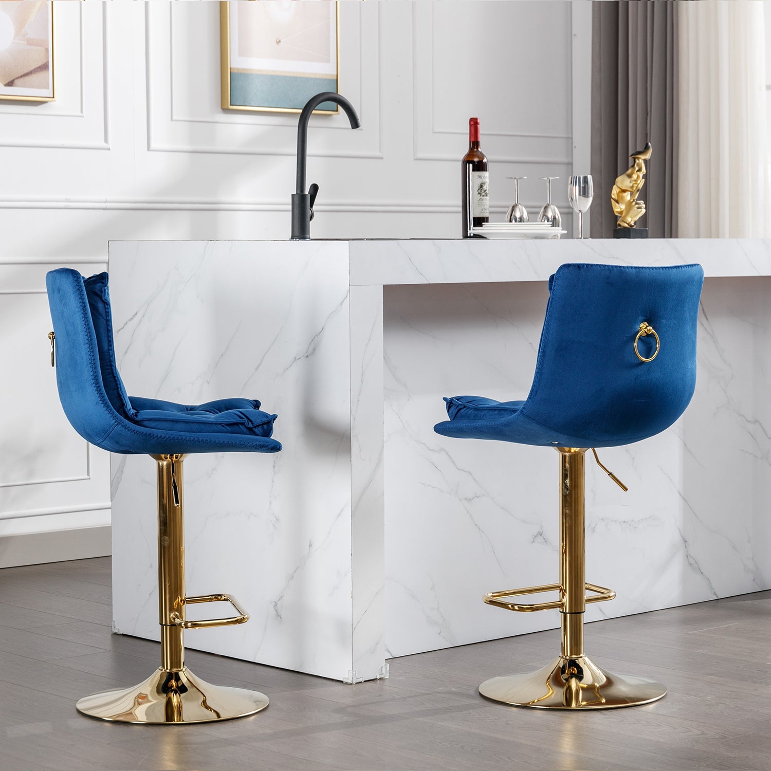 Set of 2 Bar Stools — Chrome Footrest, Swivel Height-Adjustable Velvet Seat, Golden Legs
