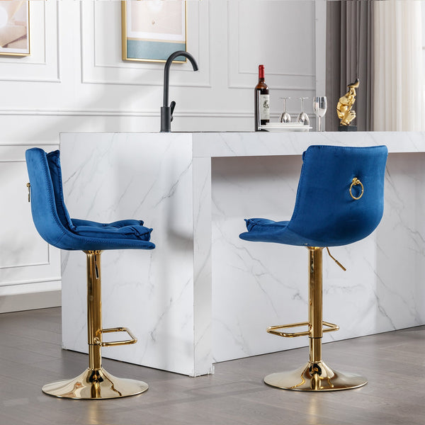Set of 2 Bar Stools — Chrome Footrest, Swivel Height-Adjustable Velvet Seat, Golden Legs