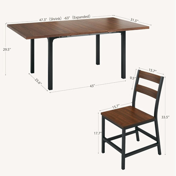 Walnut 63 Inch Extendable Dining Table Set For Six Chairs