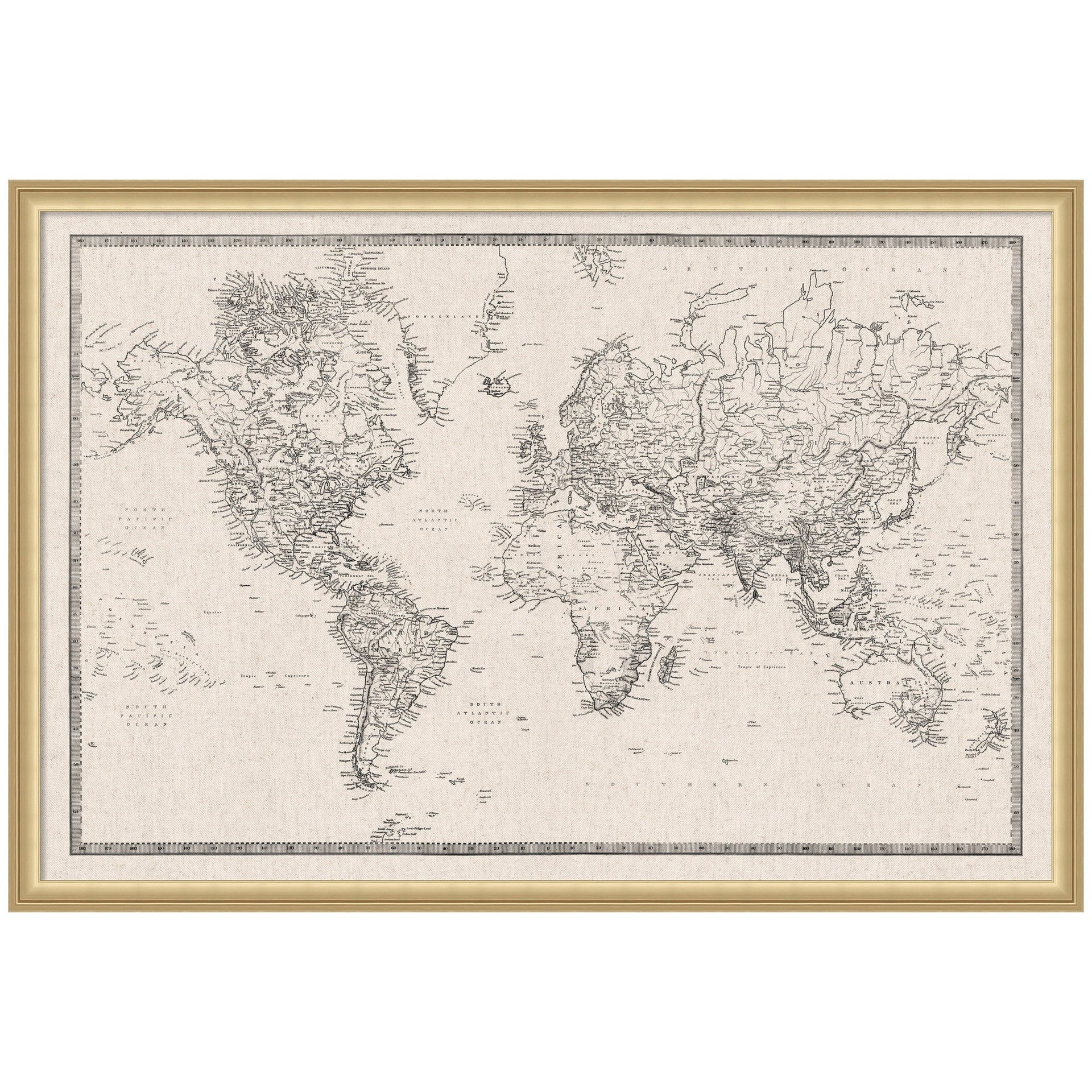 Framed Fabric Pinboard Vintage Black and White Linen World Map Wall Organization