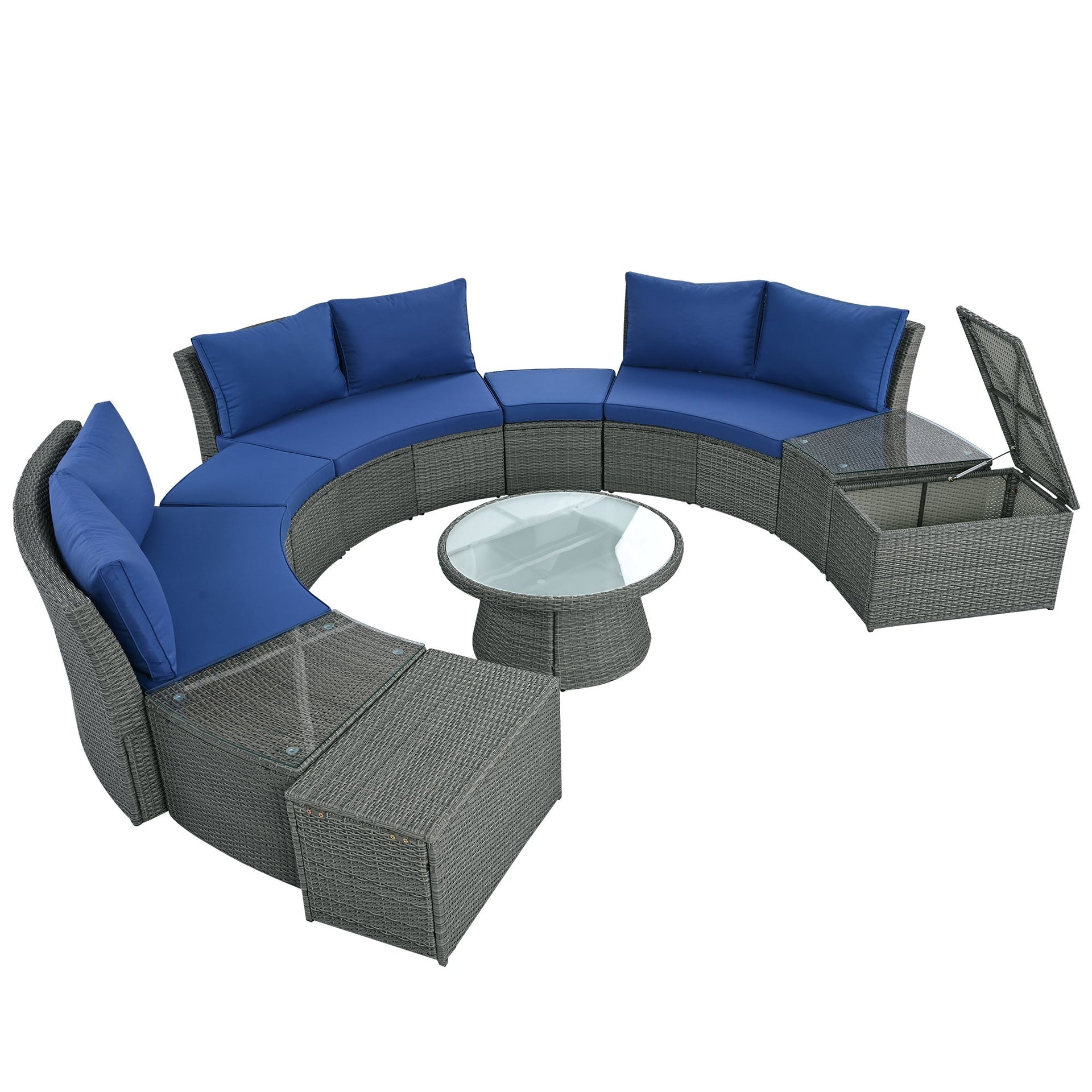 10-Piece Outdoor Sectional Half Round Patio Rattan Sofa Set, PE Wicker Conversation Furniture Set for Free Combination, Blue