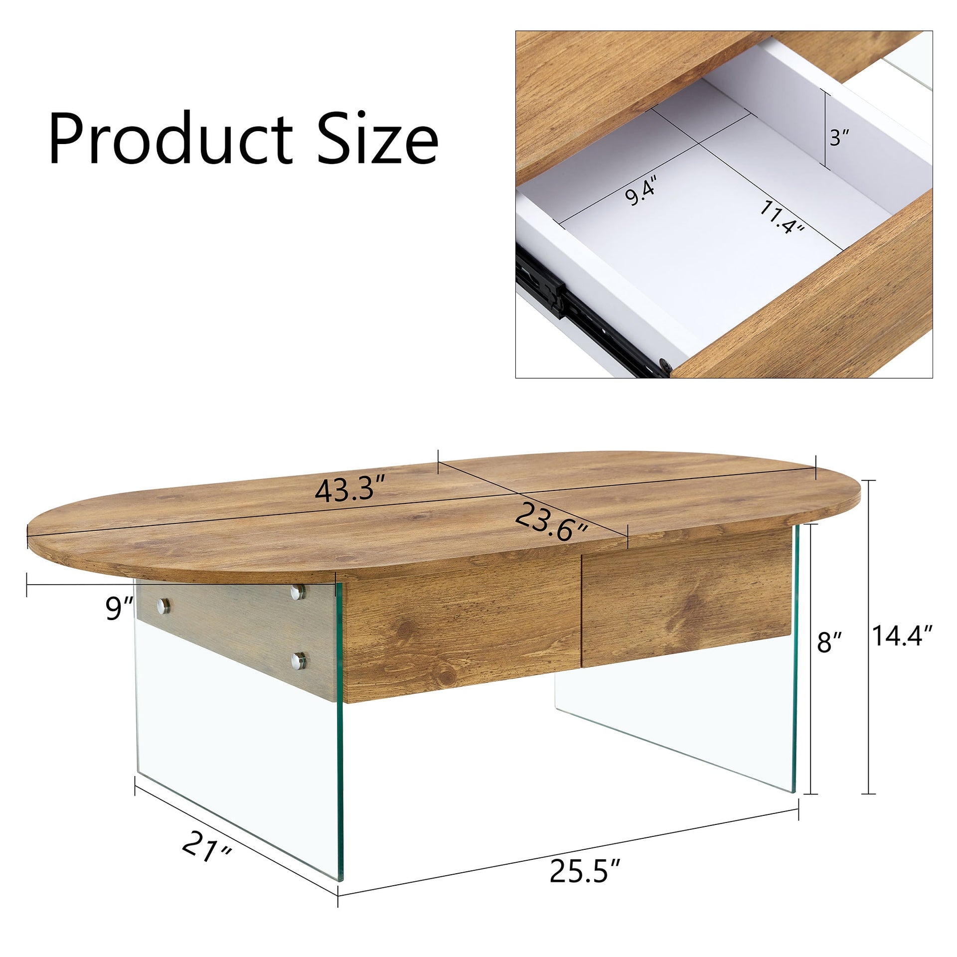 Elegant Coffee Table with Double Drawers and Transparent Glass Sides in MDF and Glass