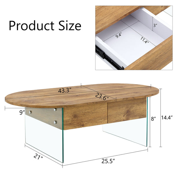 Elegant Coffee Table with Double Drawers and Transparent Glass Sides in MDF and Glass