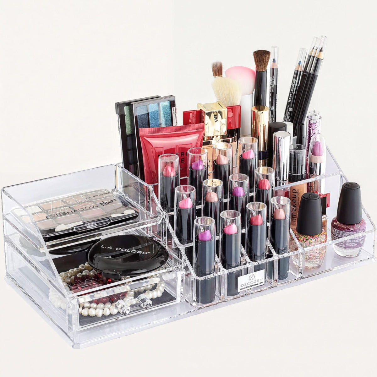 Clear Makeup Organizer - Acrylic Cosmetic Storage Box with 19 Slots & Drawer