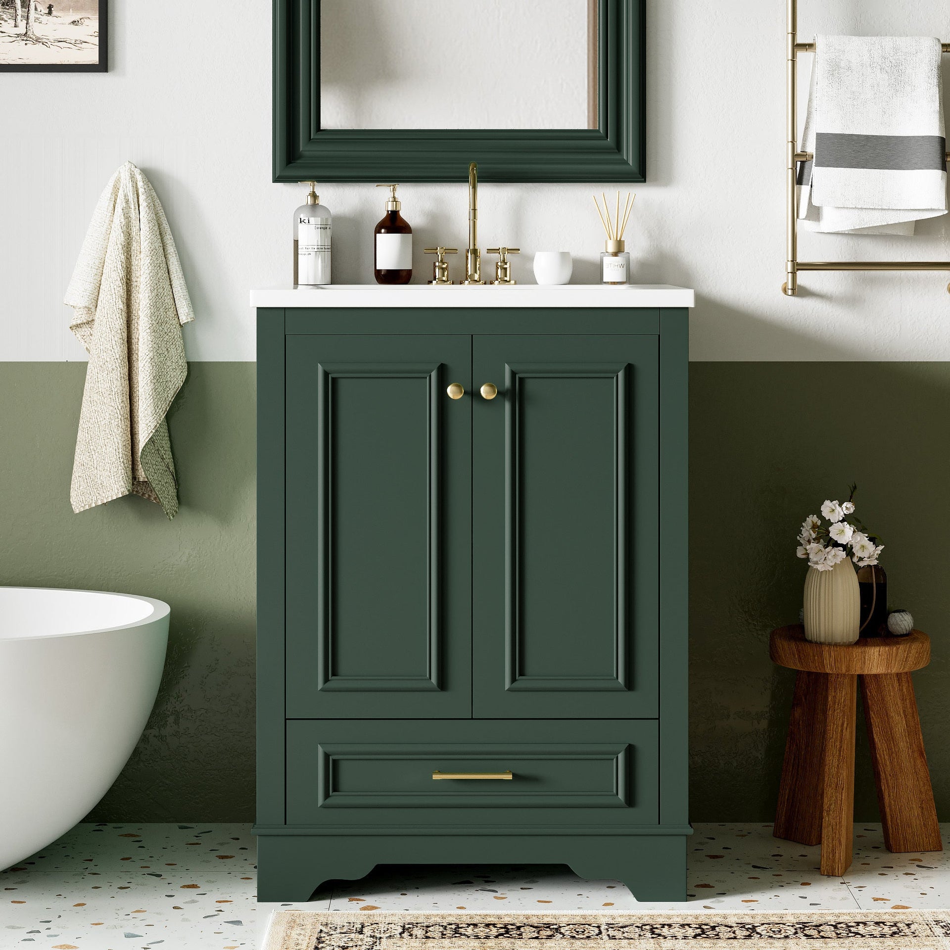 Bathroom Vanity with Ceramic Sink and Modern Freestanding Storage Cabinet, Soft-Close Doors