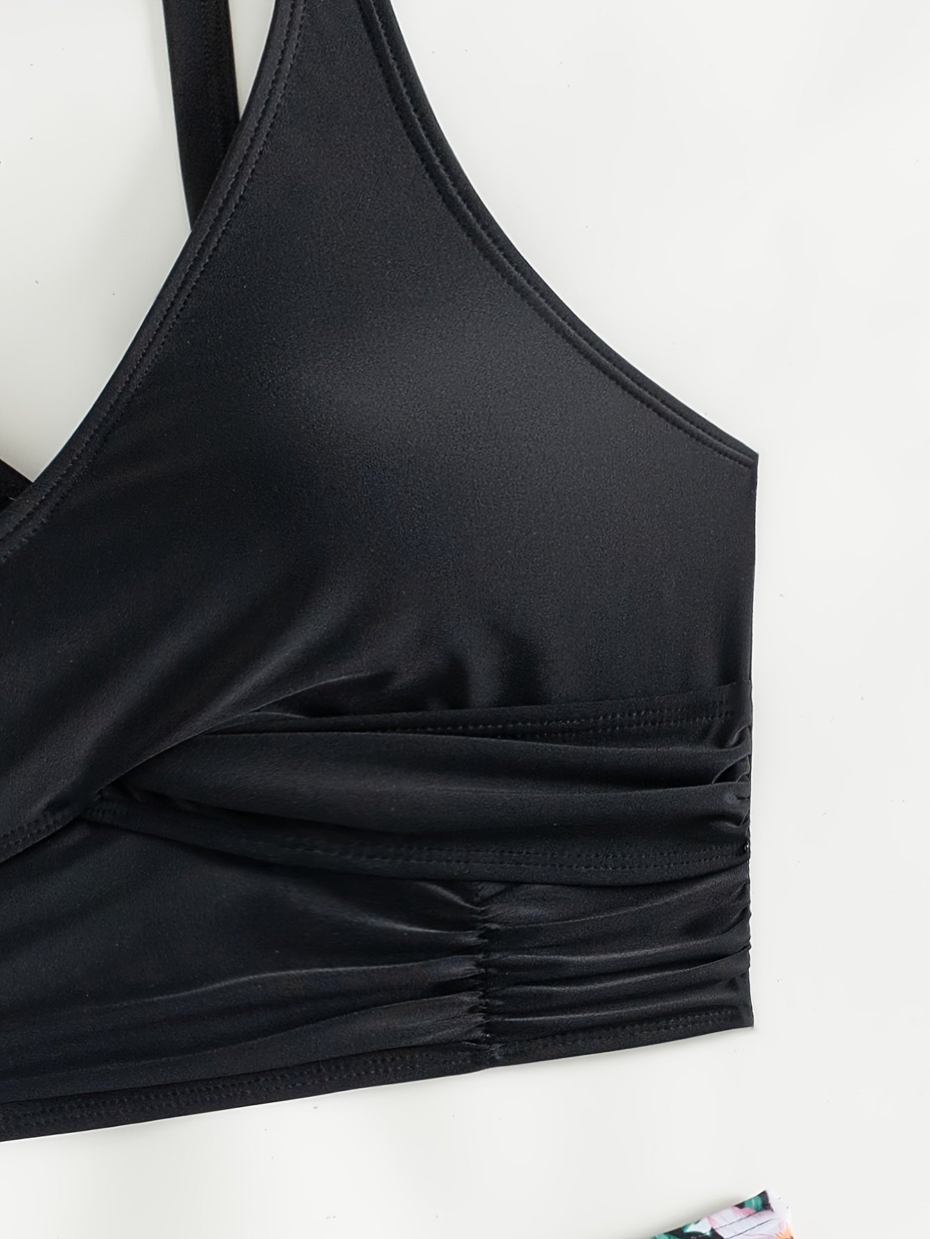 Bikini Solid Black Twist Front High Waist 2 Piece Swimsuit for Women – Stretchy V Neck Bikini Set with Ruched Tummy Control and Cross Strape Detail – Quick Drying Polyamide Swimwear for Beachwear Poolside and Summer Travel