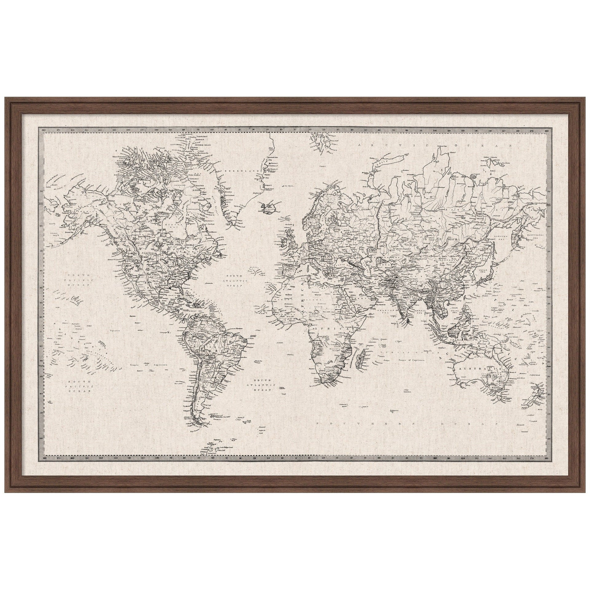 Framed Fabric Pinboard Vintage Black and White Linen World Map Wall Organization