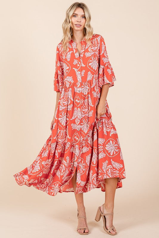 New Summer Abstract Leaf Print Tiered Ruffle Dress For Women – Playful and Artistic Dress with Eye-Catching Ruffle Details