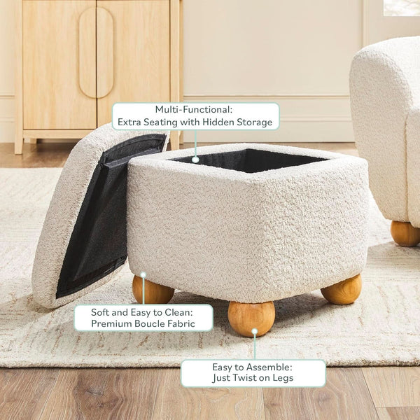 Ivory Luxurious Storage Bouclé Ottoman Wooden Legs