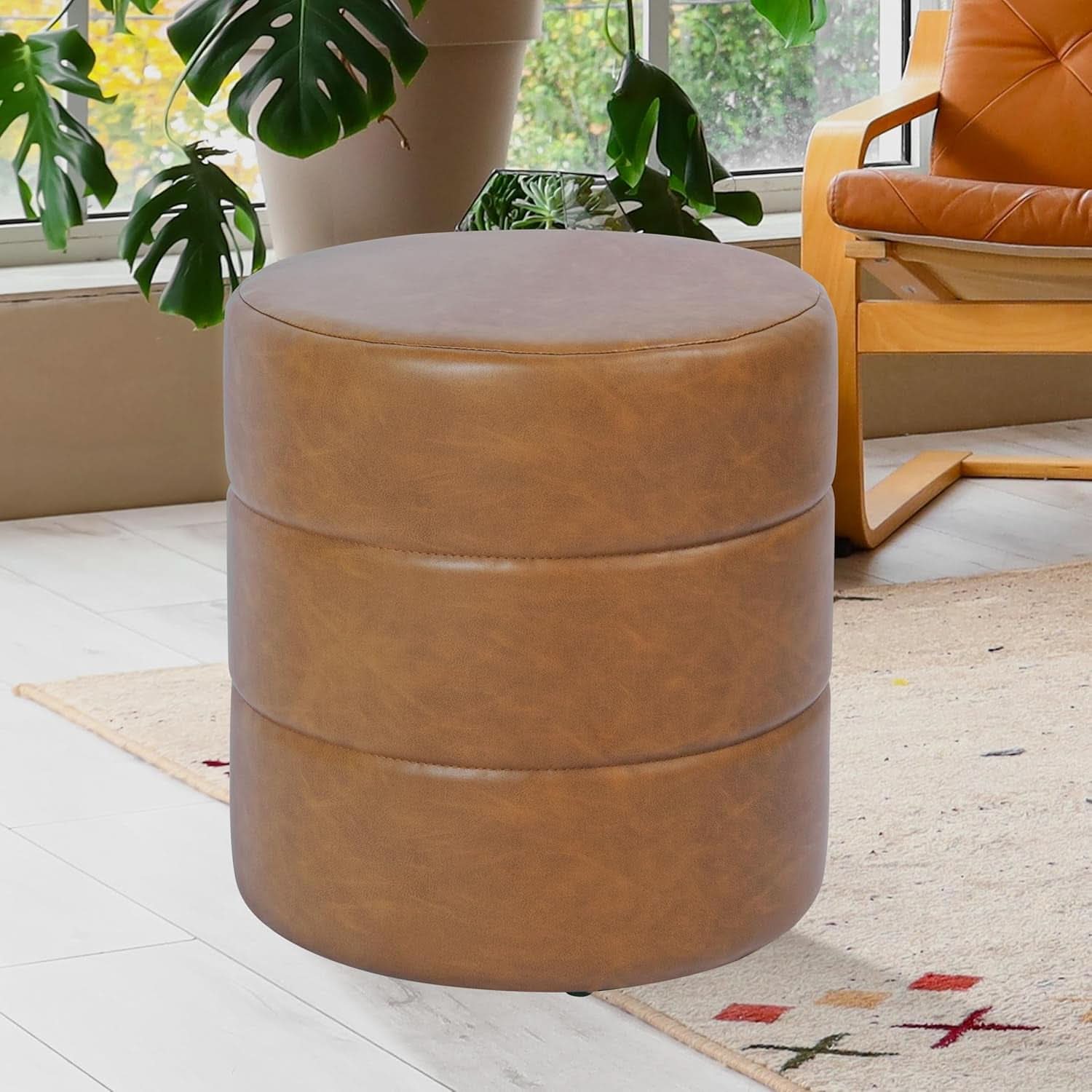 Round Upholstered Faux Leather Ottoman Footrest Camel