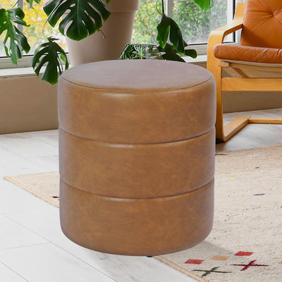 Round Upholstered Faux Leather Ottoman Footrest Camel