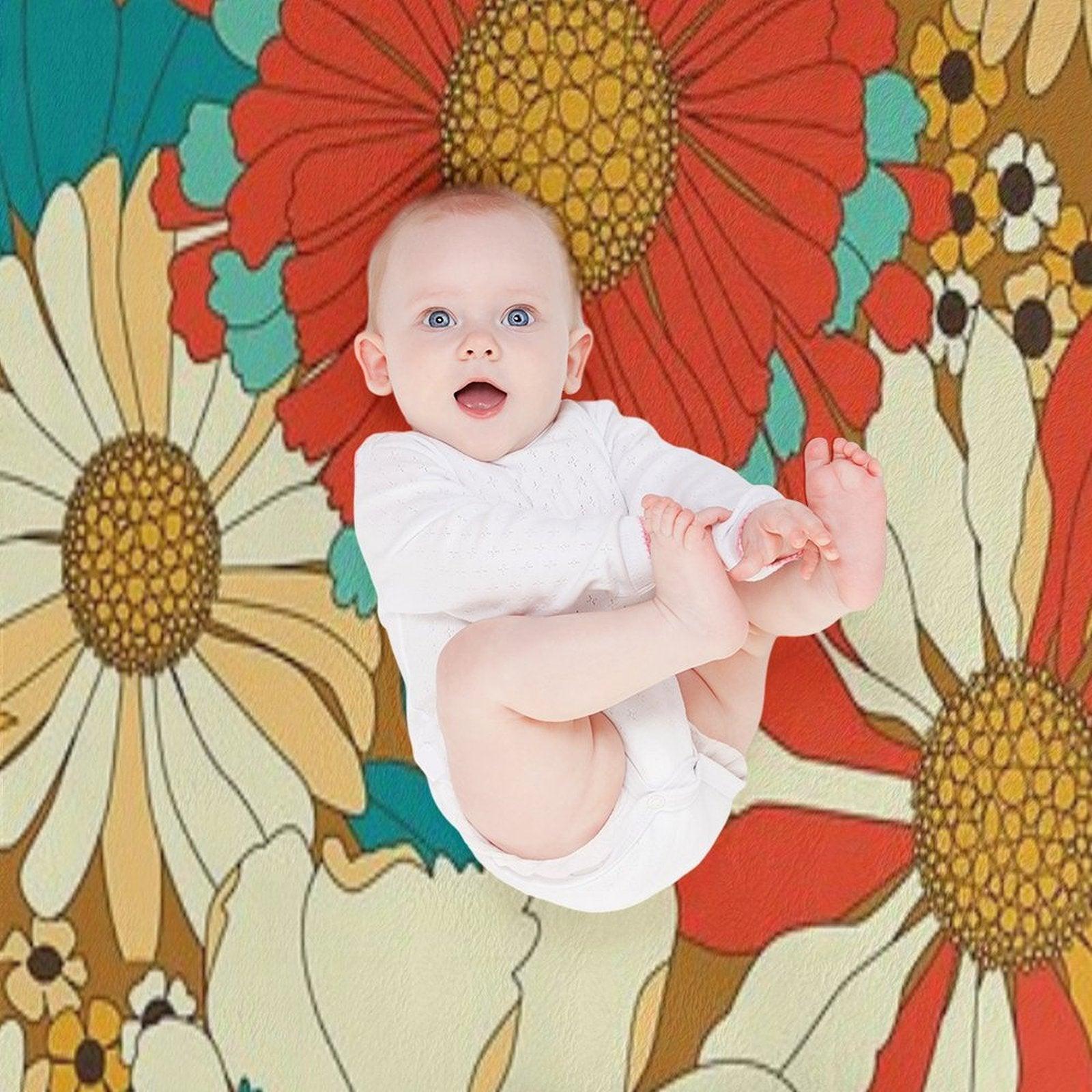 Red, Orange, Turquoise & Brown Retro Floral Pattern Throw Blanket