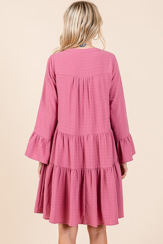 Tiered Notched Flare Sleeve Dress – Fluttering, Playful and Stylish Dress with Ruffled Layers and Trendy Flare Sleeves