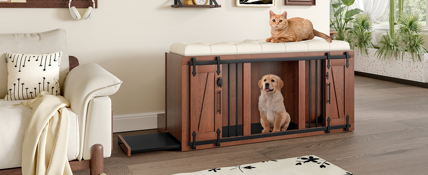 56'L, Furniture Style 2 in 1 Dog Crate with Padded Seat, Sliding Barn Door, Luxury Wooden Dog Kennel, End of Bed Bench Ottoman with Removable Cushion for Bedroom, Living Room, Walnut