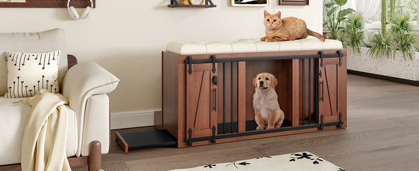 56'L, Furniture Style 2 in 1 Dog Crate with Padded Seat, Sliding Barn Door, Luxury Wooden Dog Kennel, End of Bed Bench Ottoman with Removable Cushion for Bedroom, Living Room, Walnut