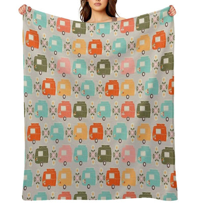 Colourful Vintage Caravans And Daisies Throw Blanket