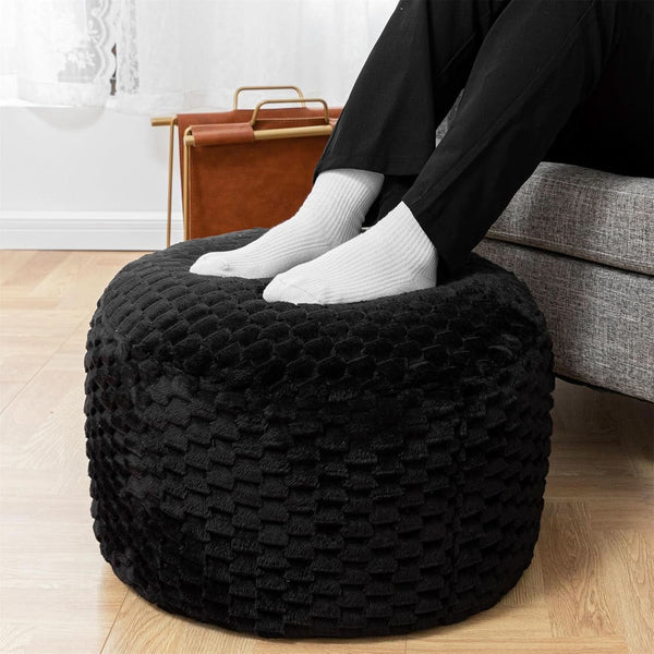 Round Plush Pouf Ottoman 20x12 Inches Black Upholstered