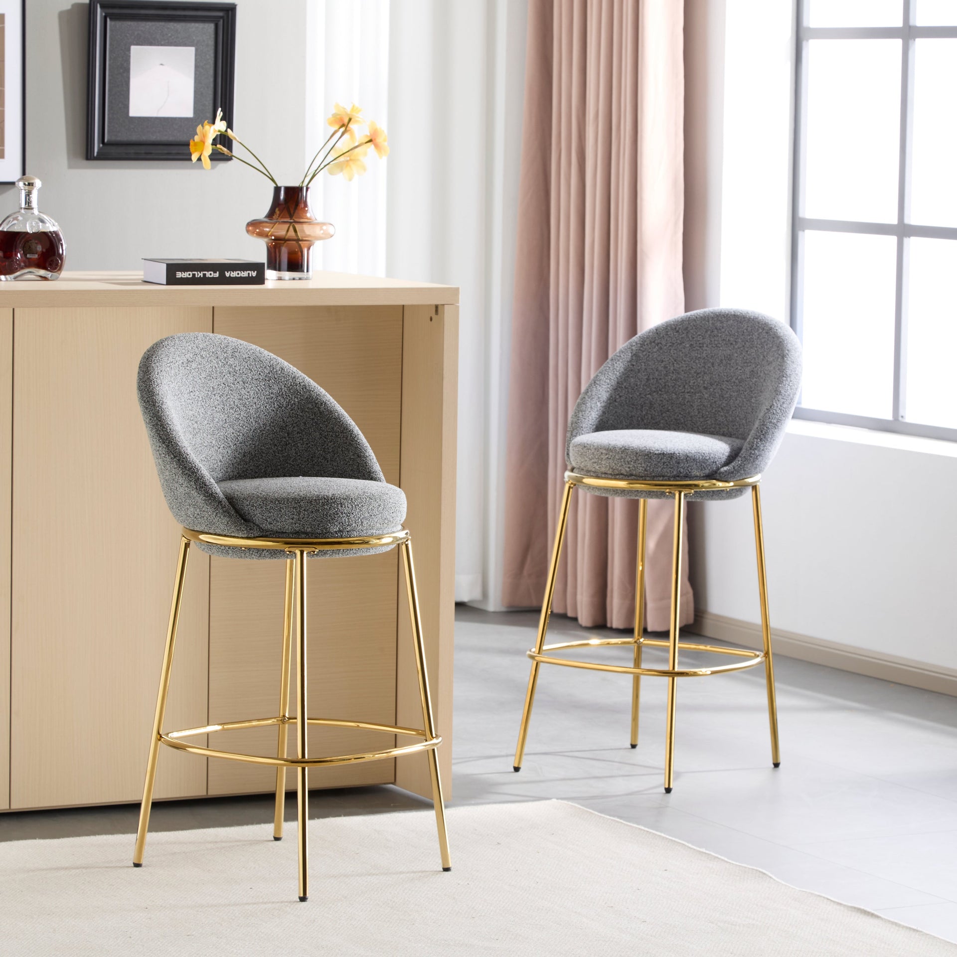 Gold & Gray Upholstered Bar Stools with Backrest – Modern Glam Counter Stools (Set of 2)