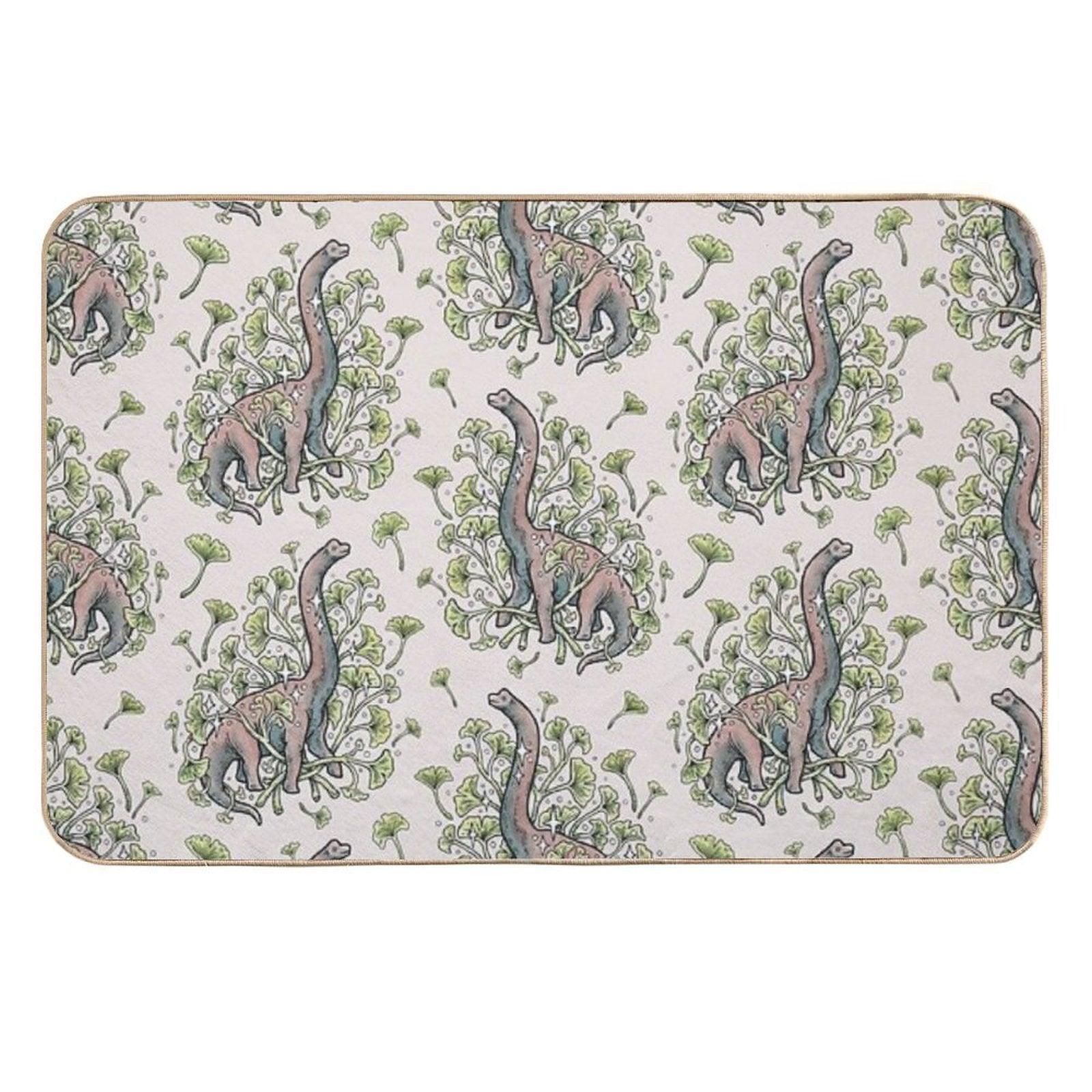 Brachio Ginkgo  Calm Color Palette  Dinosaur Botanical Art  Easy Maintenance Bath Mat