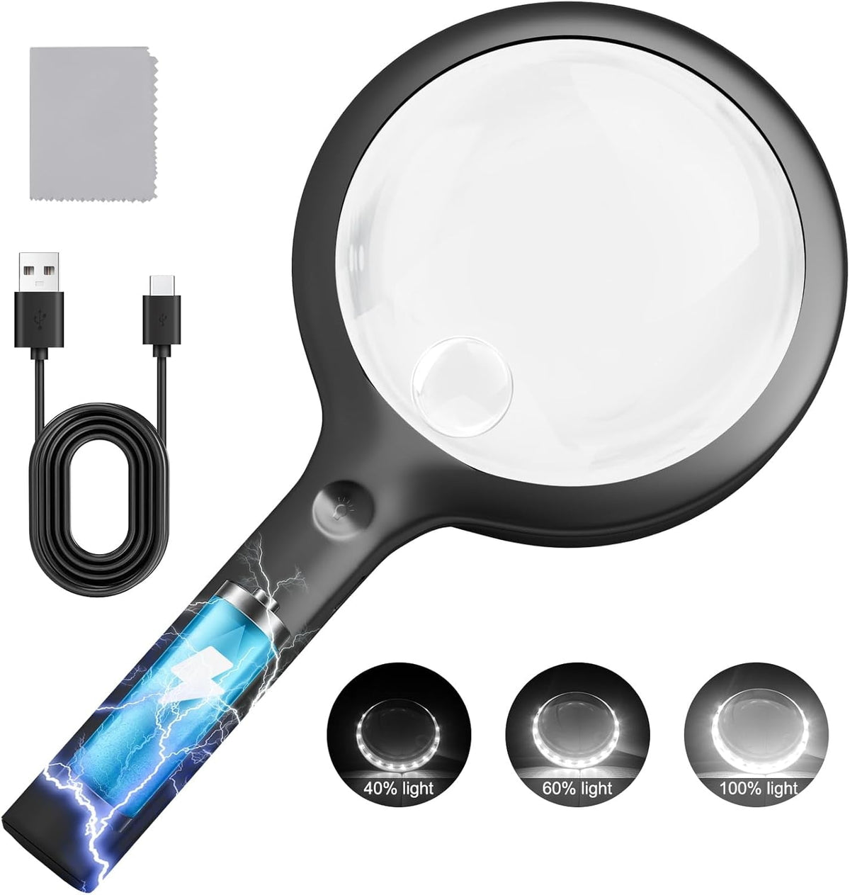 30X LED Magnifying Glass with Light | Large Handheld Magnifier for Reading & Inspection