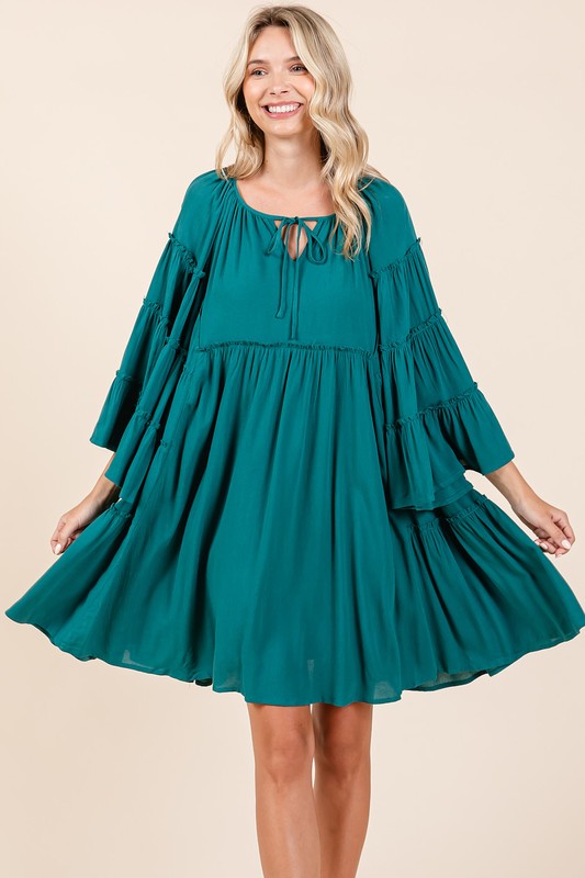 Frill Tie Neck Bell Sleeve Dress For Women – Feminine and Sophisticated Dress with Playful Frill Details and Elegant Bell Sleeves