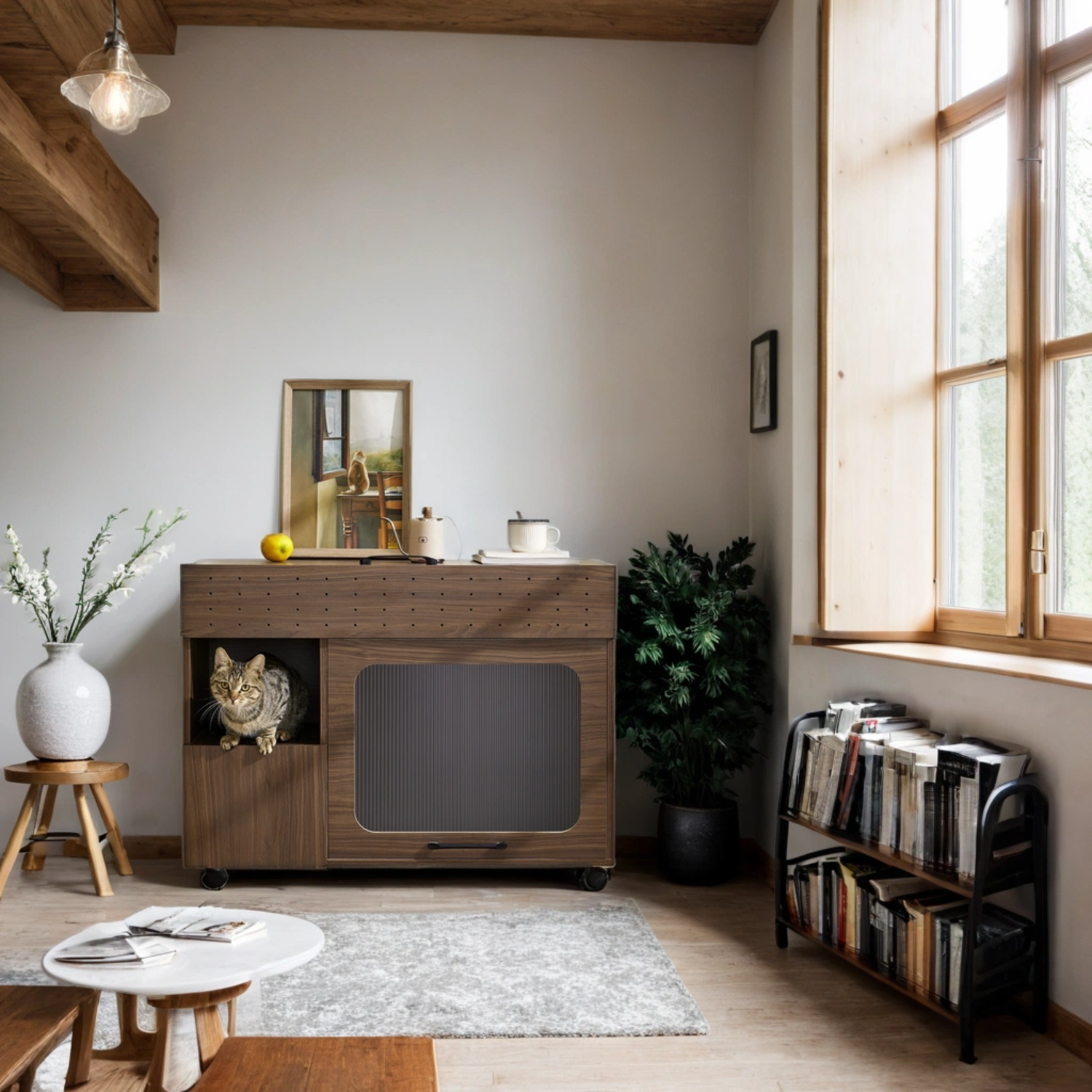 Furniture Style Multi-use Cat Litter Box House with Storage Walnut Particle Board MDF