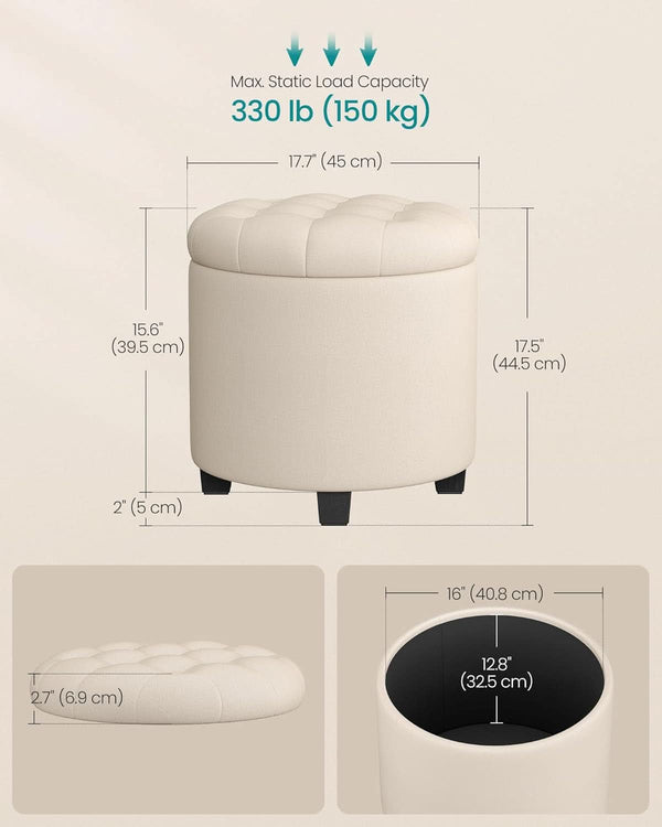 Round Ottoman With Durable Storage Linen-Look Beige