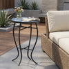 Outdoor Round Side Table with Mosaic-Style Top and Curved Iron Legs - White+Blue