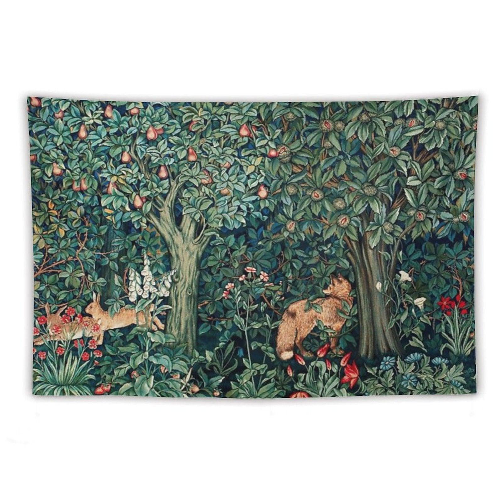 GREENERY, FOREST ANIMALS Fox And Hares Blue Green Floral Tapestry Tapestry