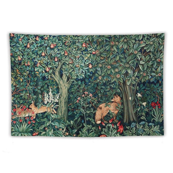GREENERY, FOREST ANIMALS Fox And Hares Blue Green Floral Tapestry Tapestry