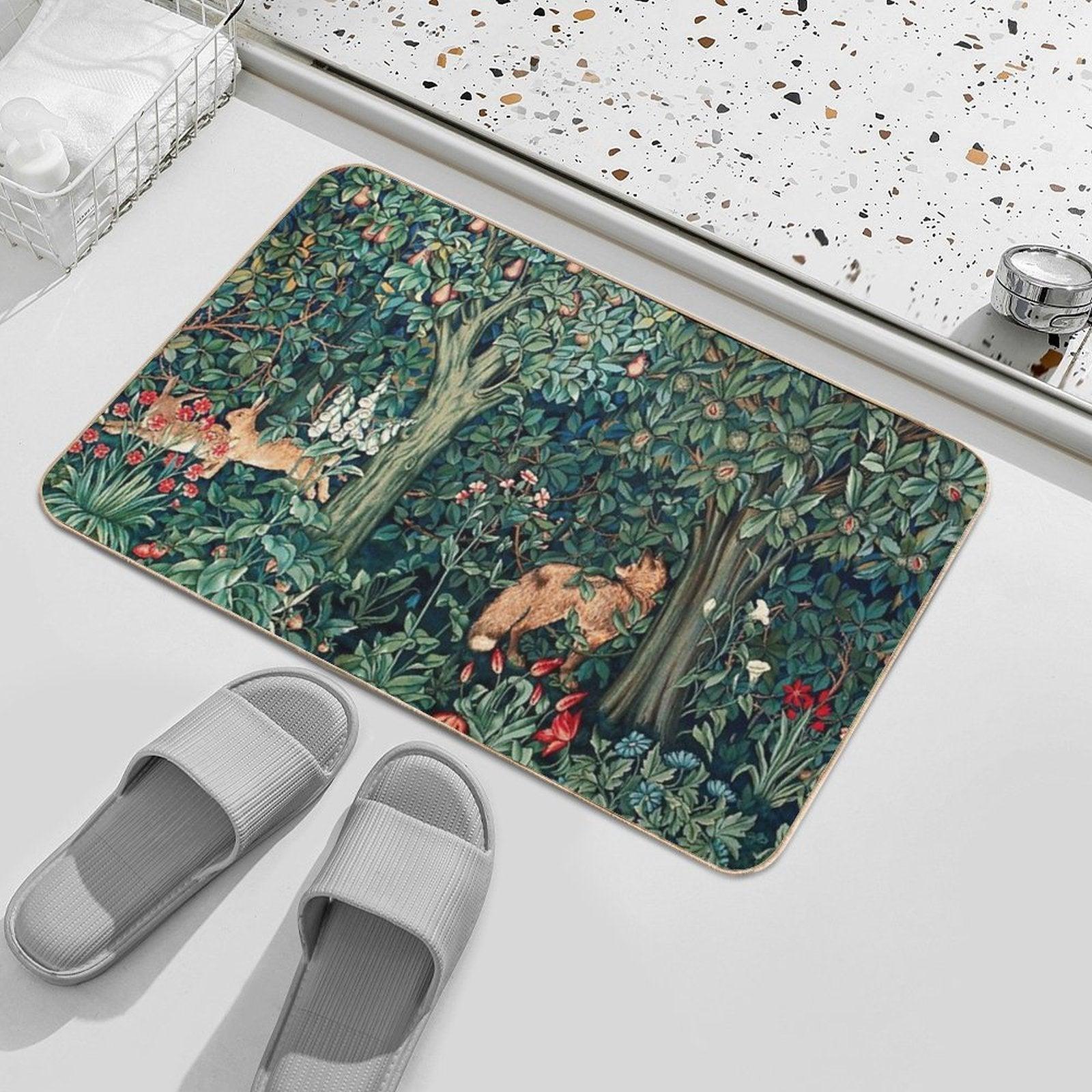 GREENERY, FOREST ANIMALS Fox And Hares Blue Green Floral Tapestry Bath Mat