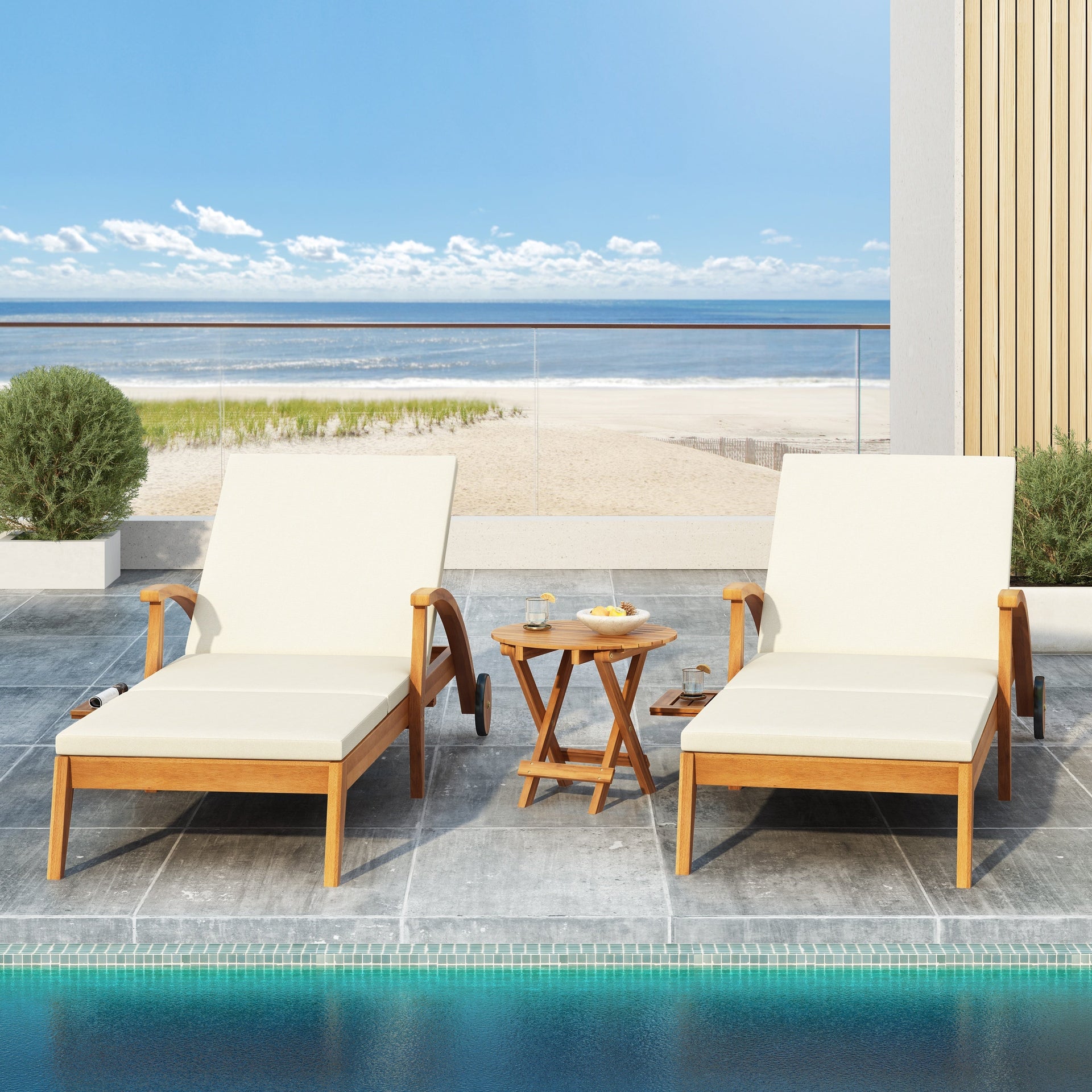 Versatile Chaise Lounge with Wheels - Acacia Wood Recliner for Patio, Cream Cushion, Adjustable Backrest