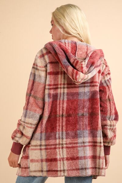 Colorful Fuzzy Plaid Long Sleeve Hooded Jacket Warm & Trendy Outerwear for Cold Days