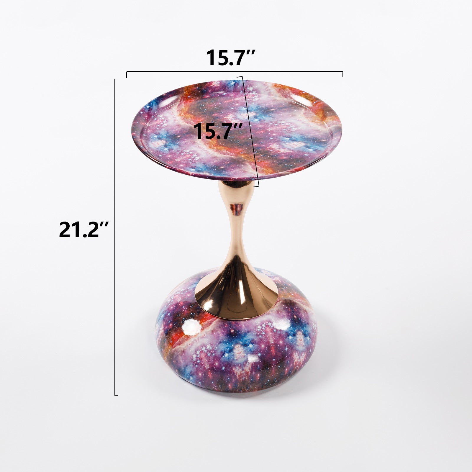 Dimensions of Mermaid Tail End Coffee Table Round Side shown as 15.7 inches wide and 21.2 inches tall, with galaxy design and gold stem.