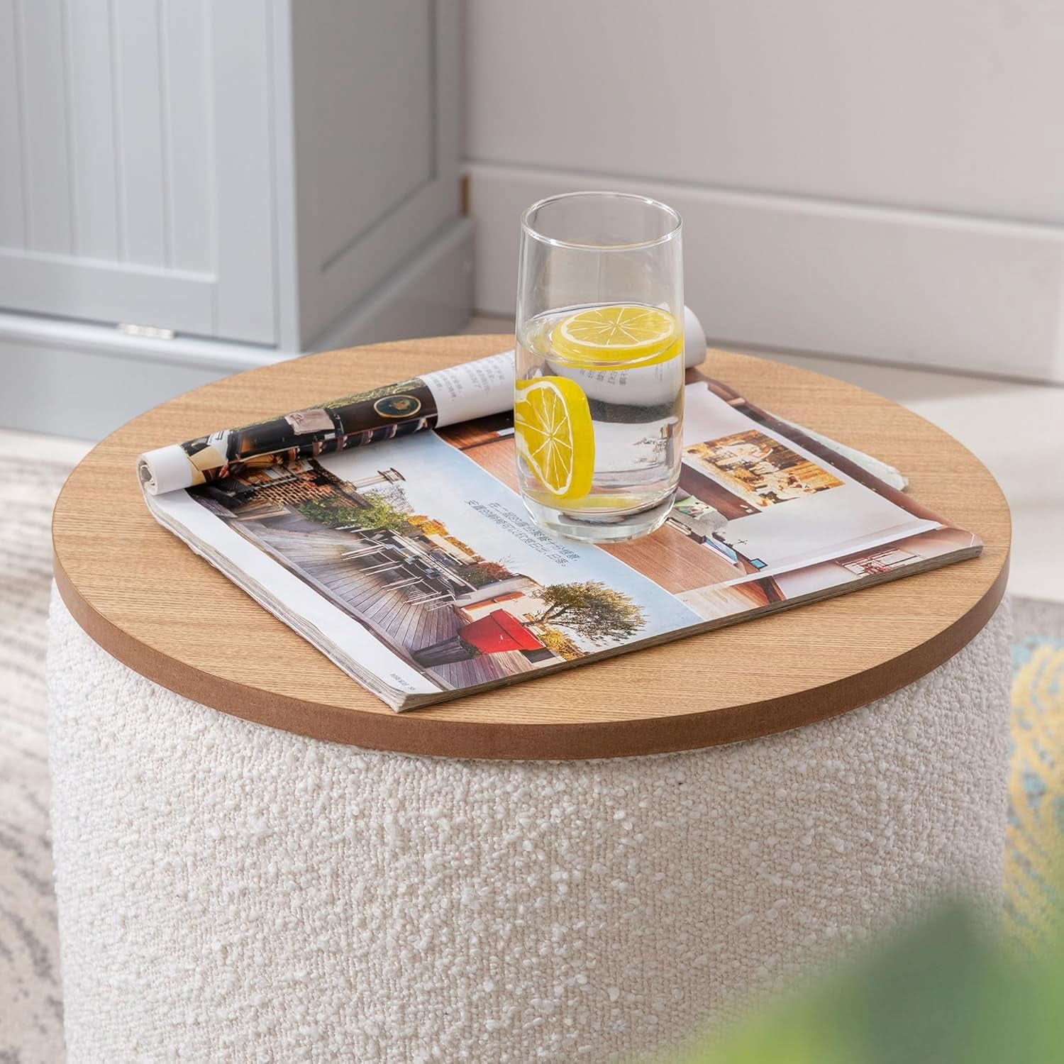 Circular Storage Ottoman Sixteen Inch White Boucle