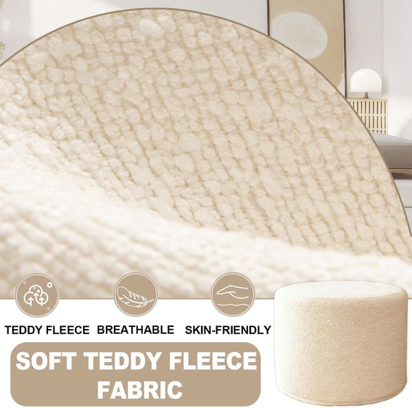 Round Ottoman Foot Rest 17x17x14 White Boucle Fabric
