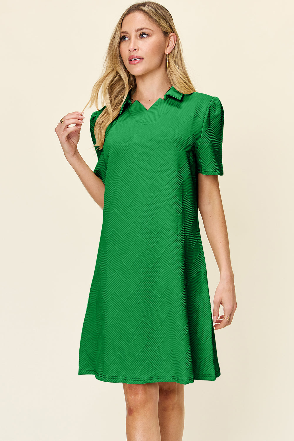 Double Take Full Size Texture Collared Neck Short Sleeve Dress Textured Dress For Women