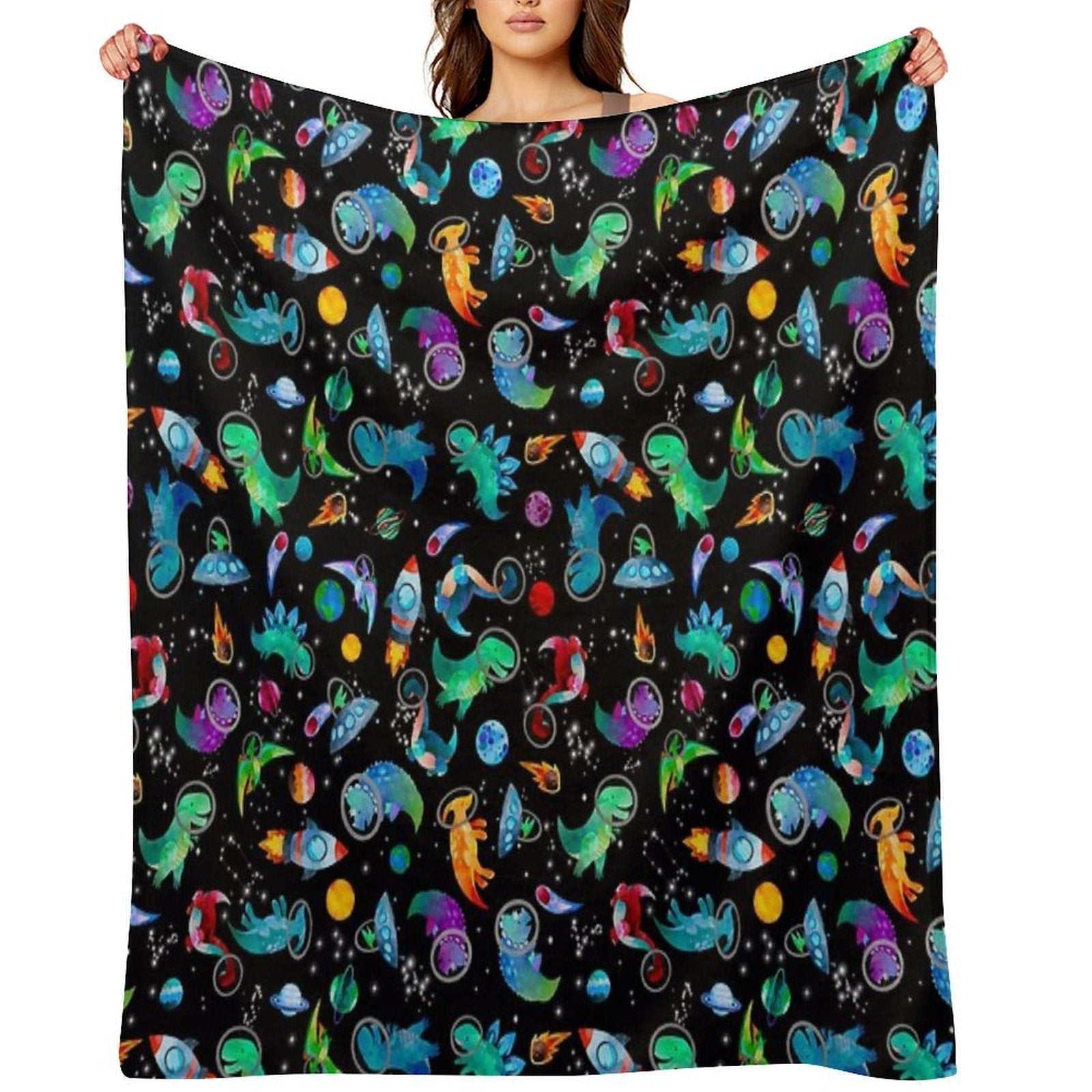 Watercolor Space Dinosaurs Galaxy Pattern Compact Throw Blanket